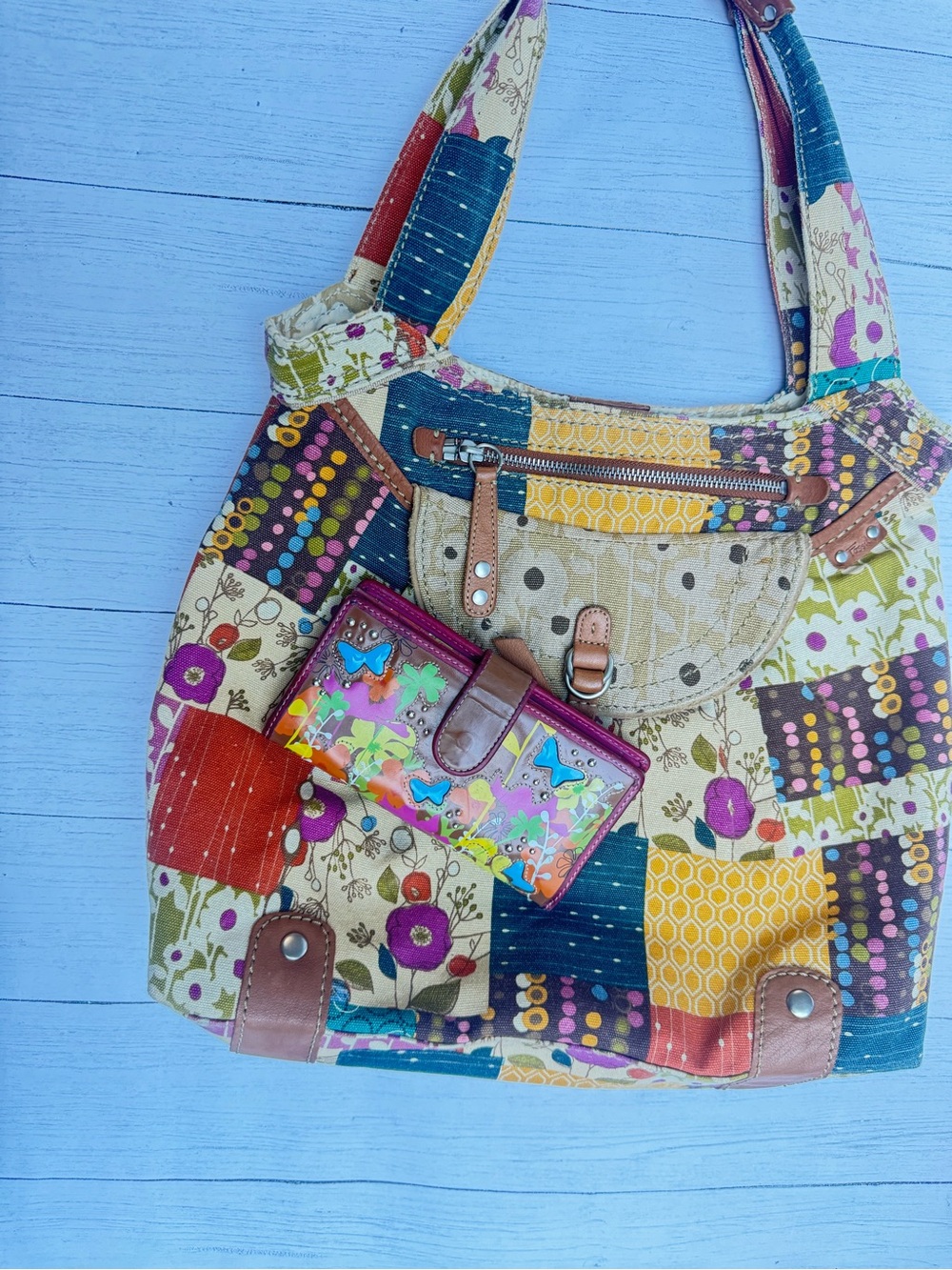 Fossil Patchwork Floral Canvas Shoulder Bag + Wallet Boho Y2K cottagecore - Picture 8 of 17